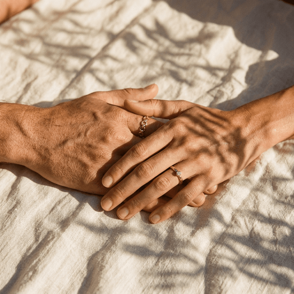 Two pairs of hands resting on a warm linen surface